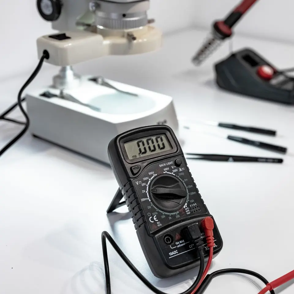 Multimetre, microscope et fer a souder sur un poste de diagnostic